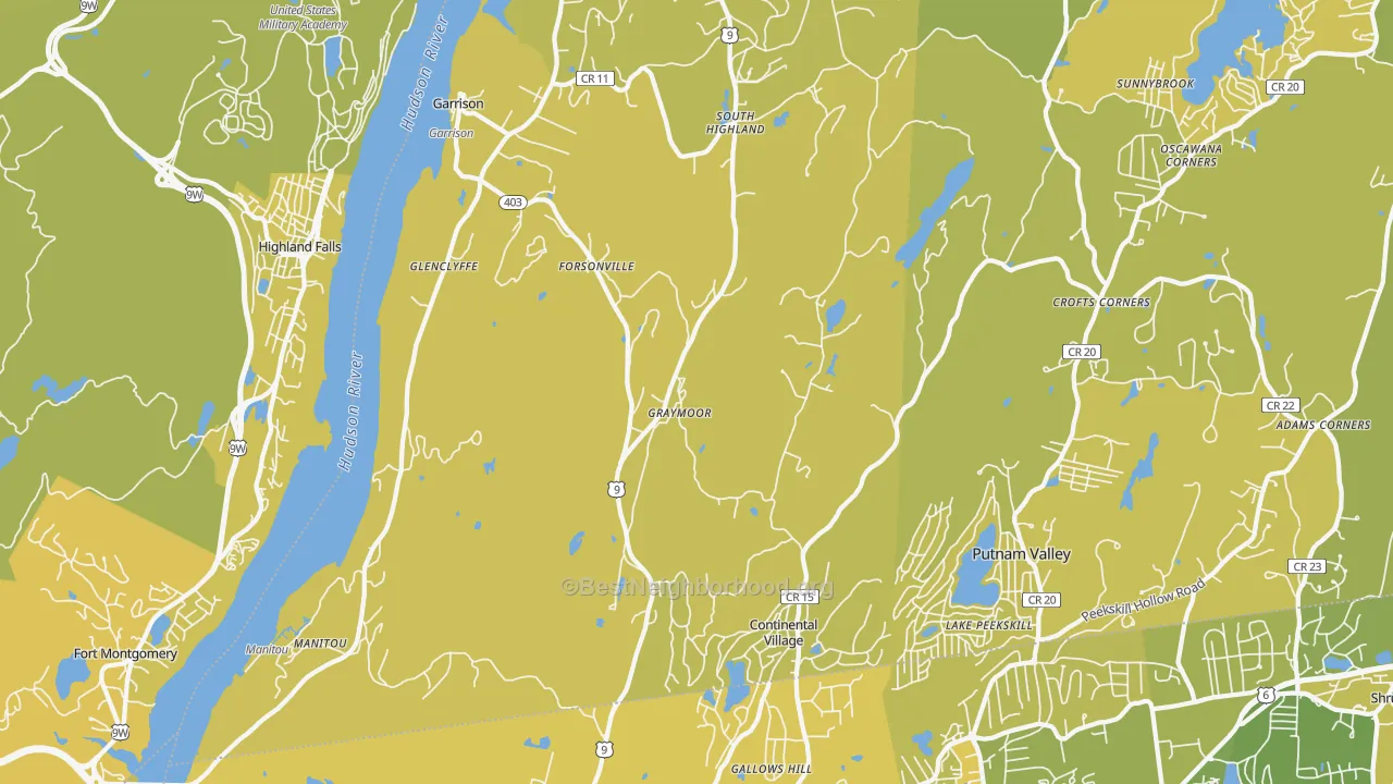 Map of the best neighborhoods in the Garrison area, with better matches in green and worse matches in red
