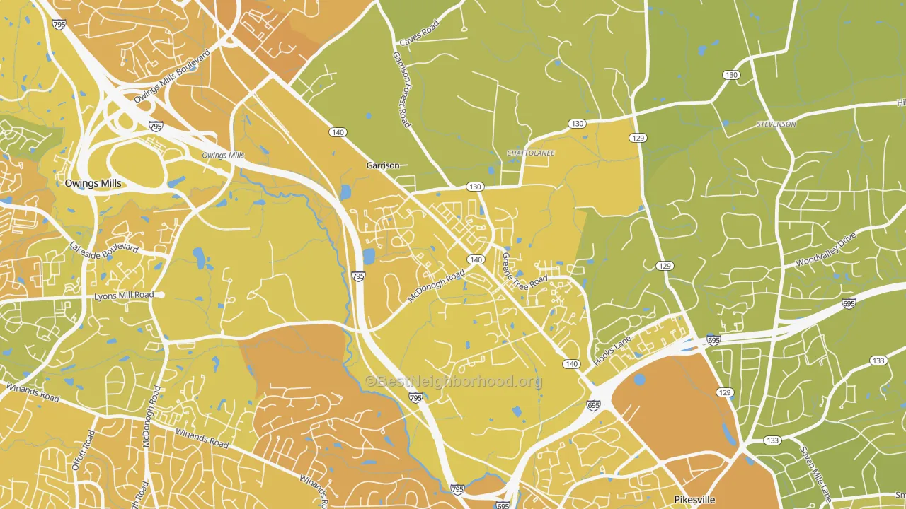 Map of the best neighborhoods in the Garrison, Owings Mills area, with better matches in green and worse matches in red