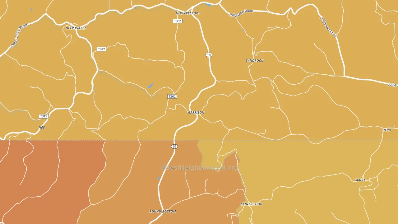 Map of the best neighborhoods in the Garrison area, with better matches in green and worse matches in red
