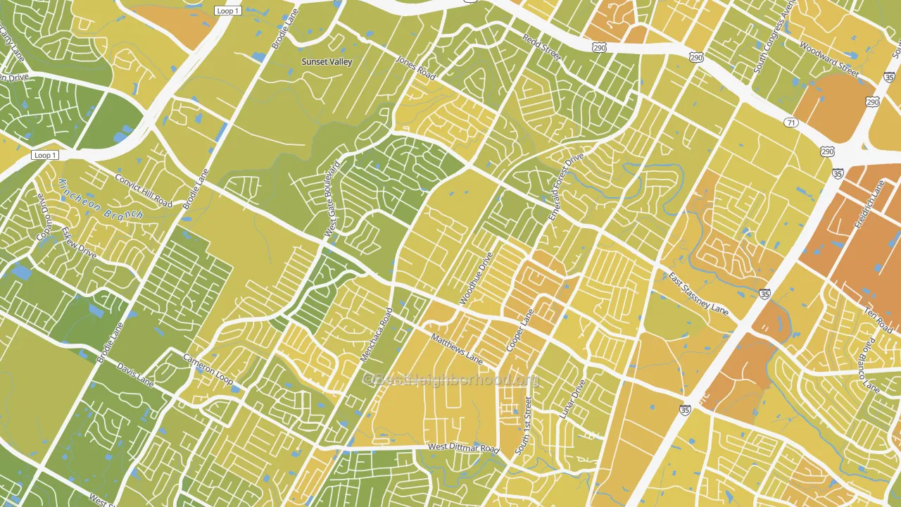 Map of the best neighborhoods in the Garrison Park, Austin area, with better matches in green and worse matches in red