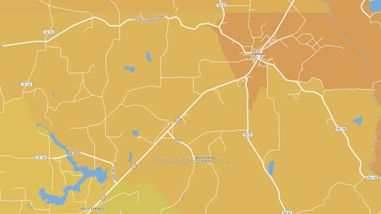 Map of the best neighborhoods in the Garrison area, with better matches in green and worse matches in red