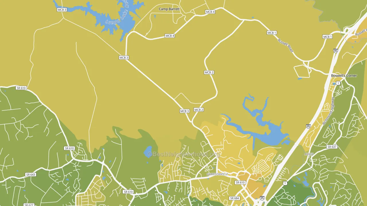 Map of the best neighborhoods in the Garrisonville area, with better matches in green and worse matches in red