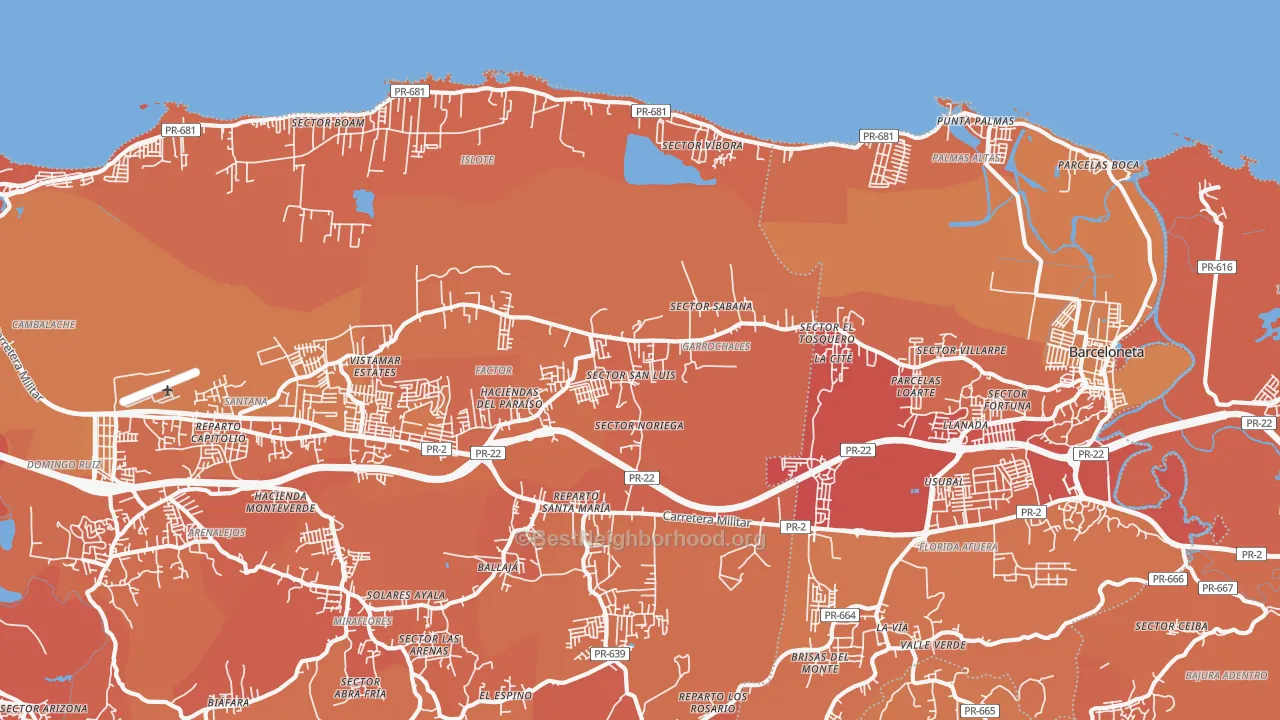 Map of the best neighborhoods in the Garrochales area, with better matches in green and worse matches in red