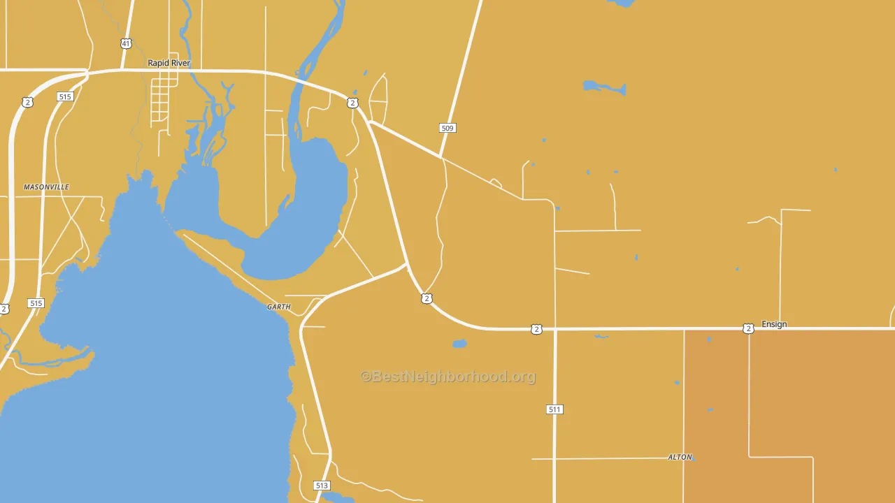 Map of the best neighborhoods in the Garth area, with better matches in green and worse matches in red