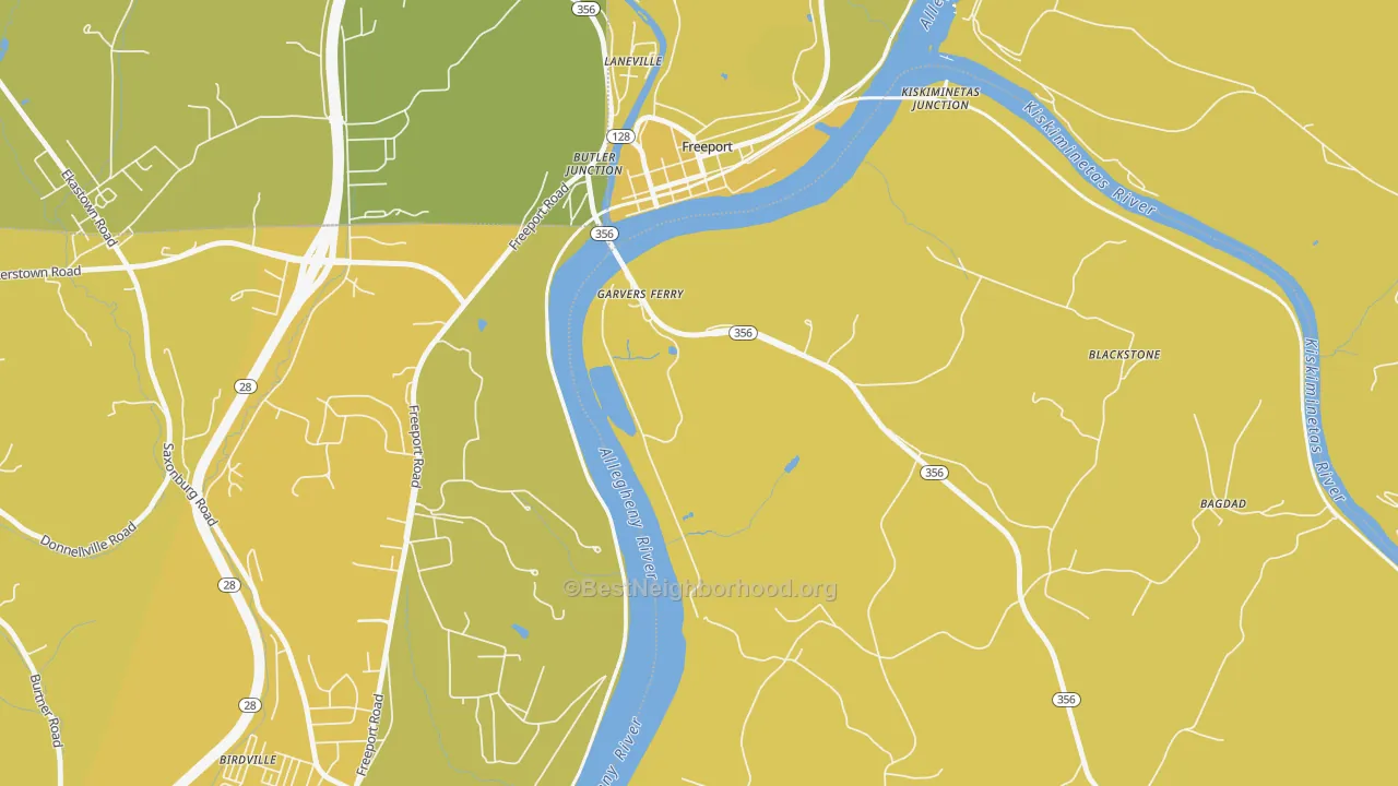Map of the best neighborhoods in the Garvers Ferry area, with better matches in green and worse matches in red