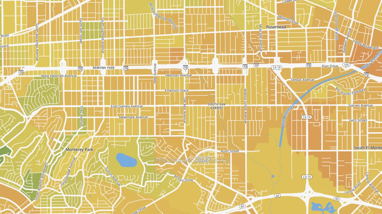 Map of the best neighborhoods in the Garvey, Rosemead area, with better matches in green and worse matches in red