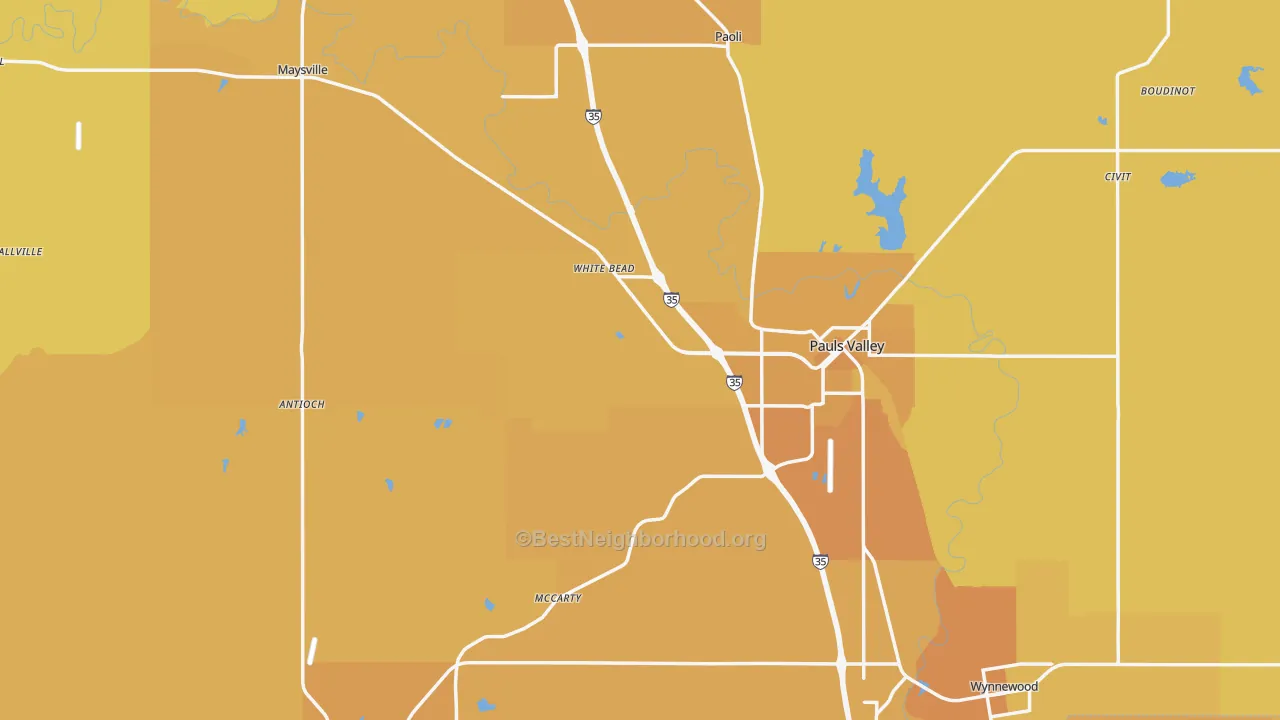 Map of the best neighborhoods in the Garvin County area, with better matches in green and worse matches in red