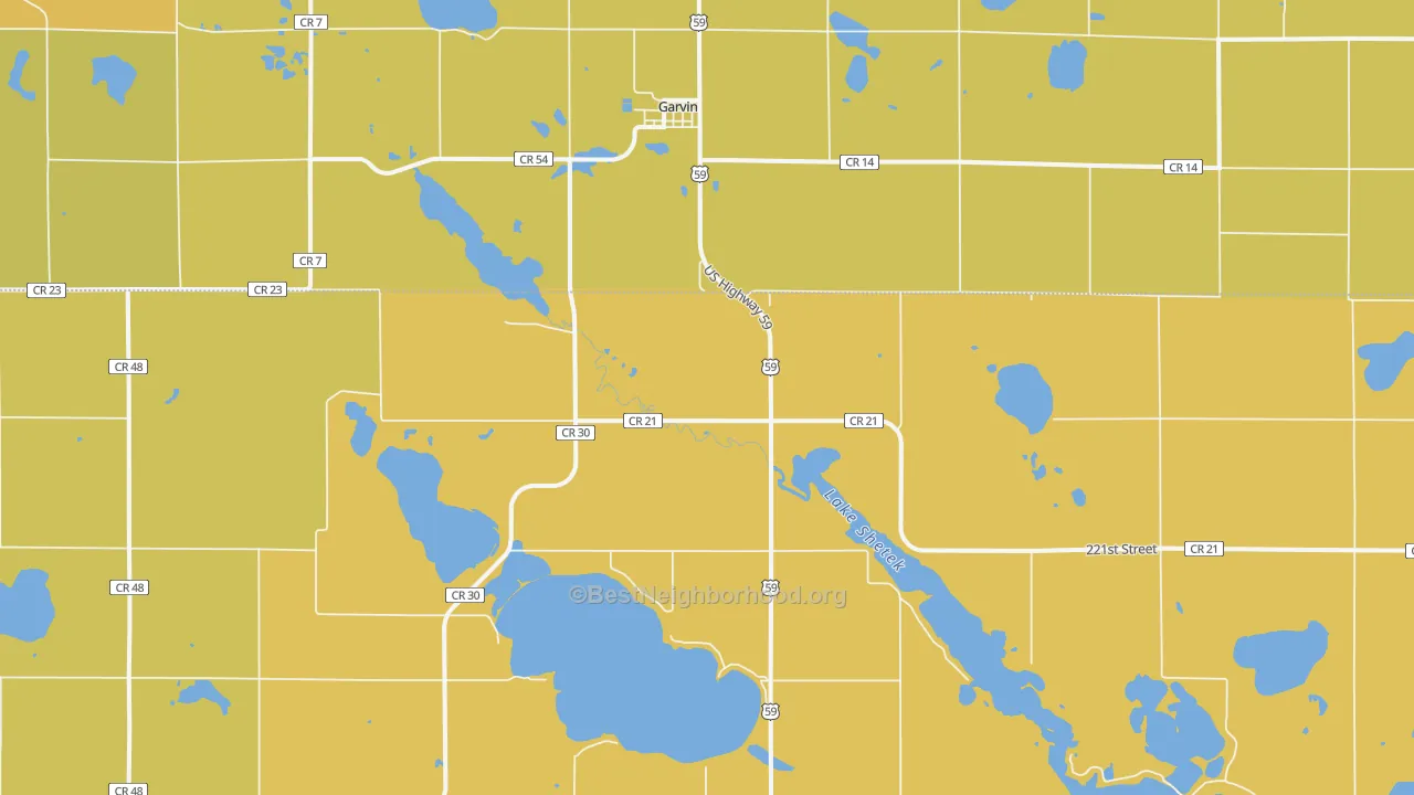 Map of the best neighborhoods in the Garvin area, with better matches in green and worse matches in red