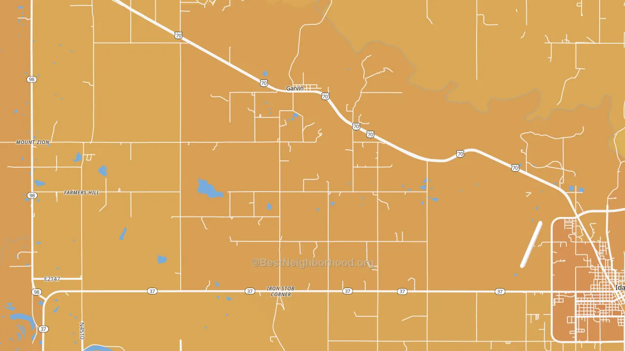 Map of the best neighborhoods in the Garvin area, with better matches in green and worse matches in red