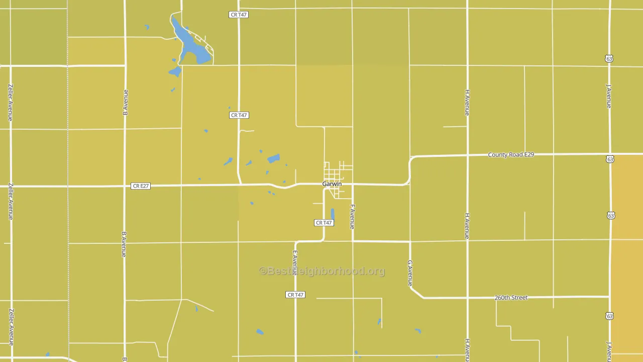 Map of the best neighborhoods in the Garwin area, with better matches in green and worse matches in red