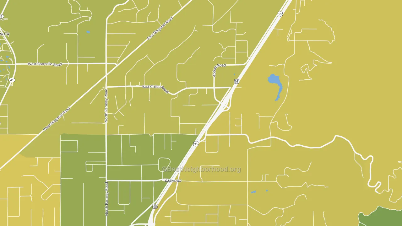 Map of the best neighborhoods in the Garwood area, with better matches in green and worse matches in red