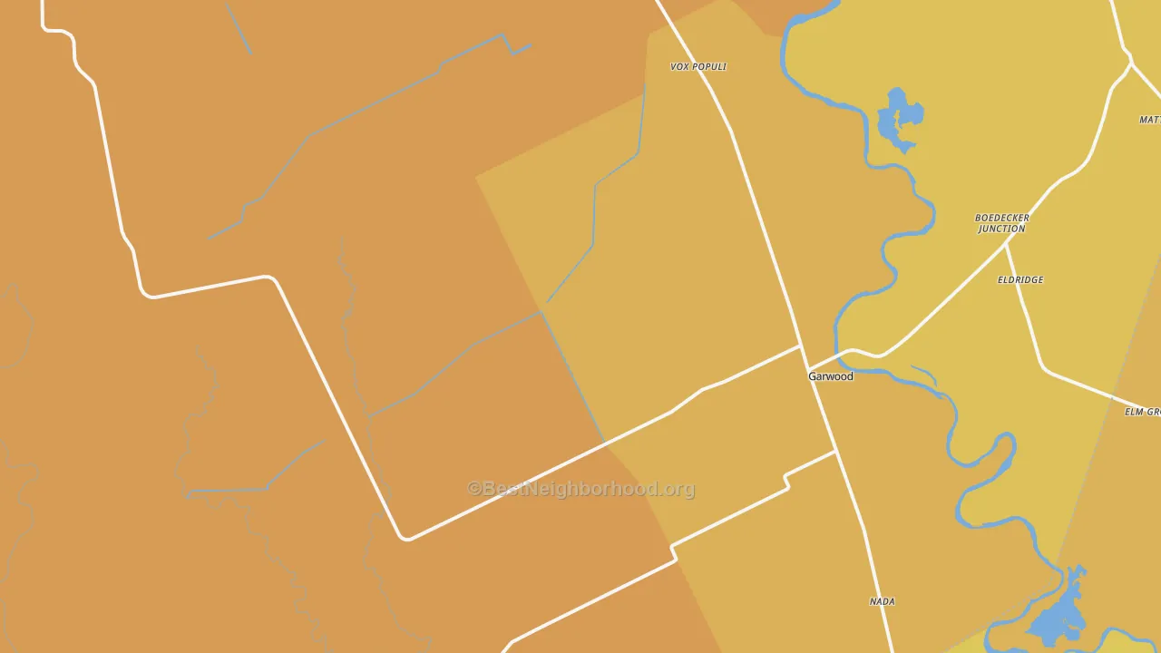 Map of the best neighborhoods in the Garwood area, with better matches in green and worse matches in red