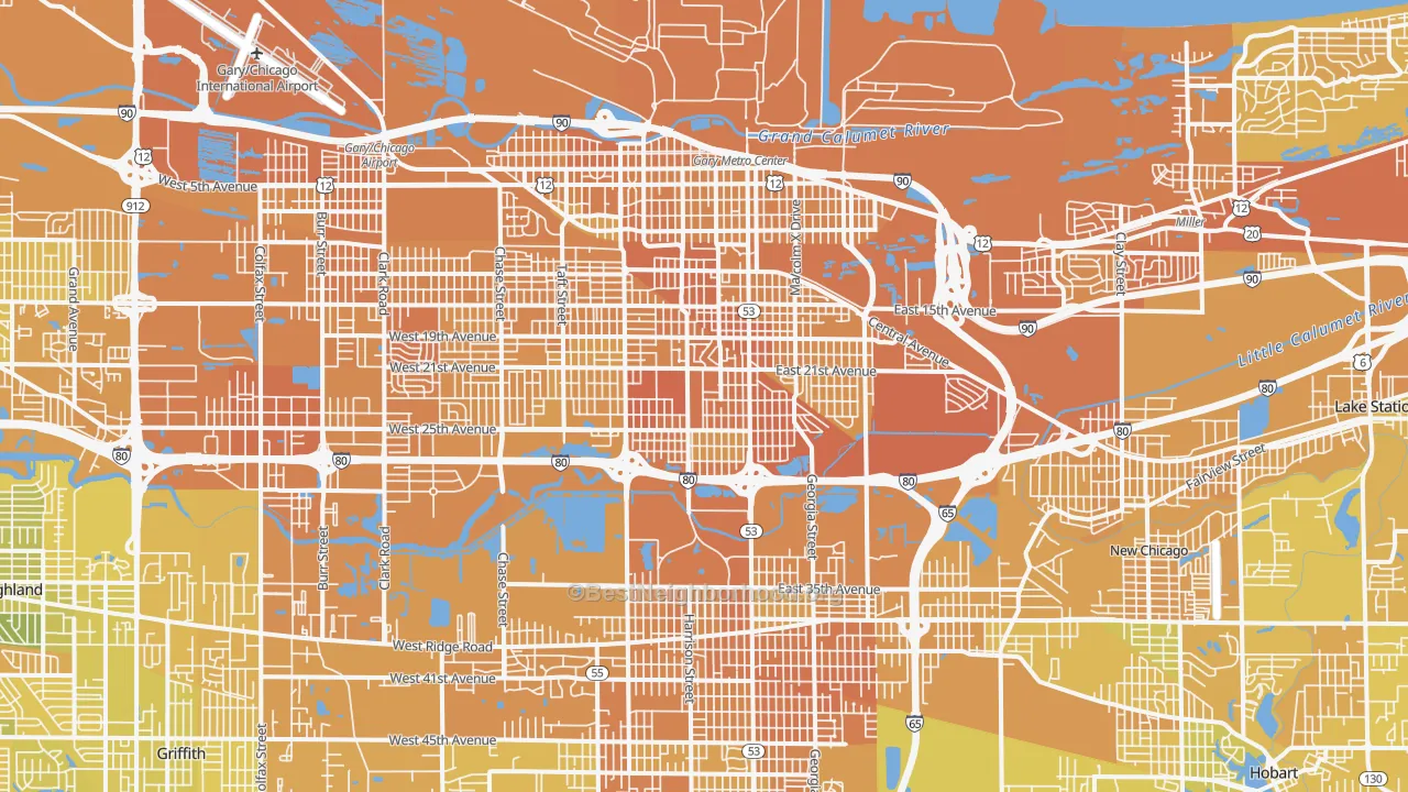 Map of the best neighborhoods in the Gary area, with better matches in green and worse matches in red