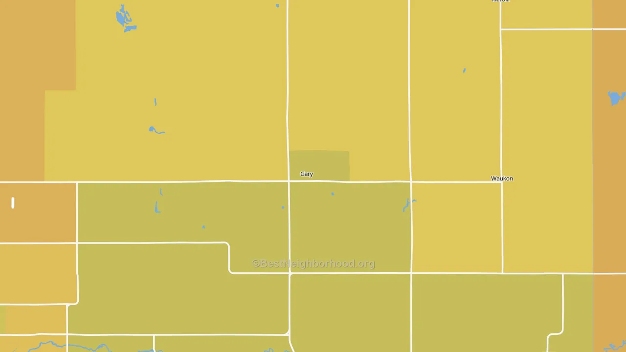 Map of the best neighborhoods in the Gary area, with better matches in green and worse matches in red