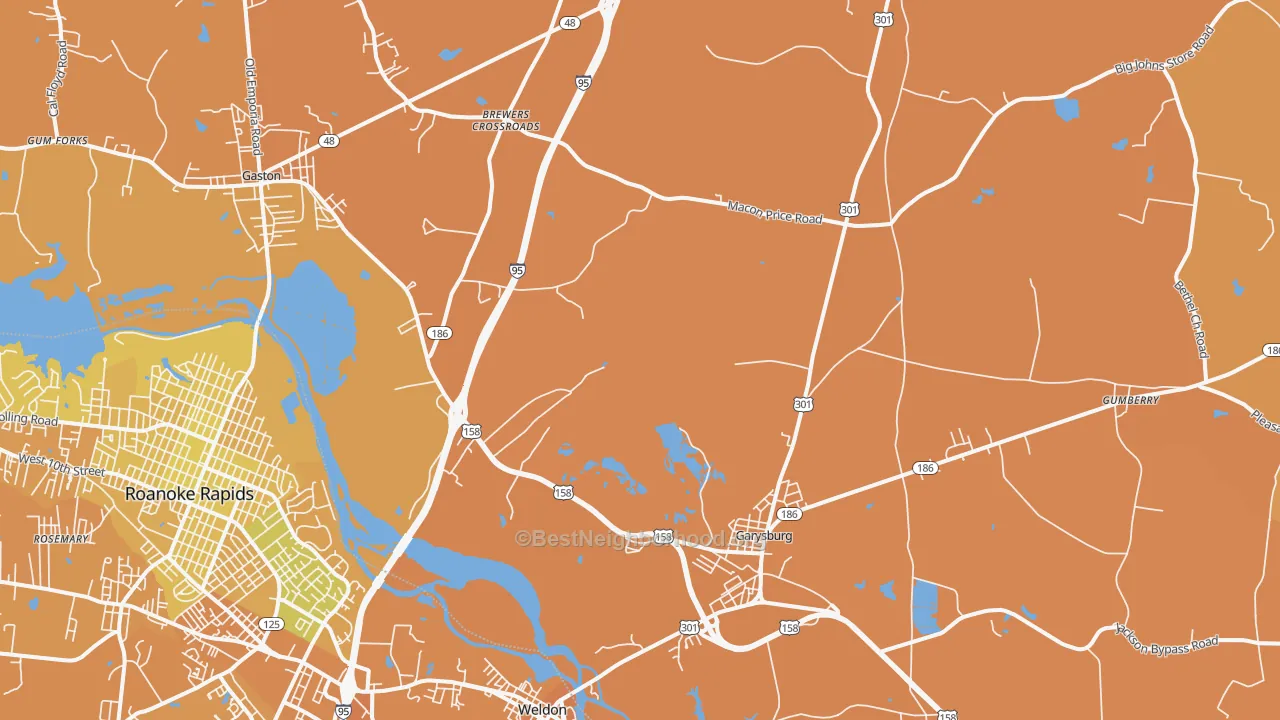 Map of the best neighborhoods in the Garysburg area, with better matches in green and worse matches in red