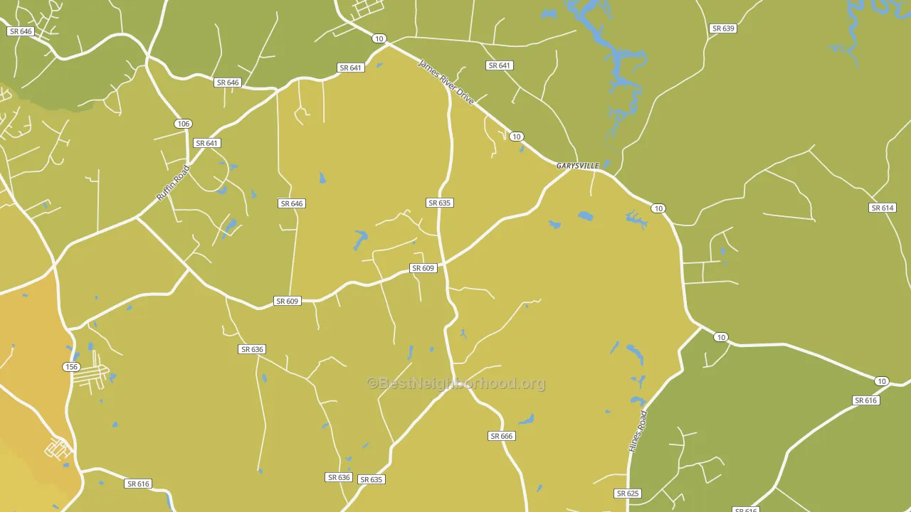 Map of the best neighborhoods in the Garysville area, with better matches in green and worse matches in red