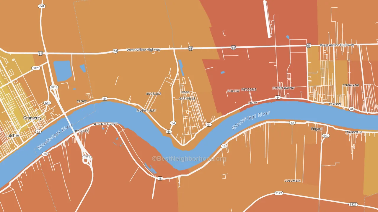 Map of the best neighborhoods in the Garyville area, with better matches in green and worse matches in red