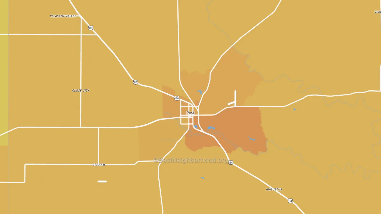 Map of the best neighborhoods in the Garza County area, with better matches in green and worse matches in red
