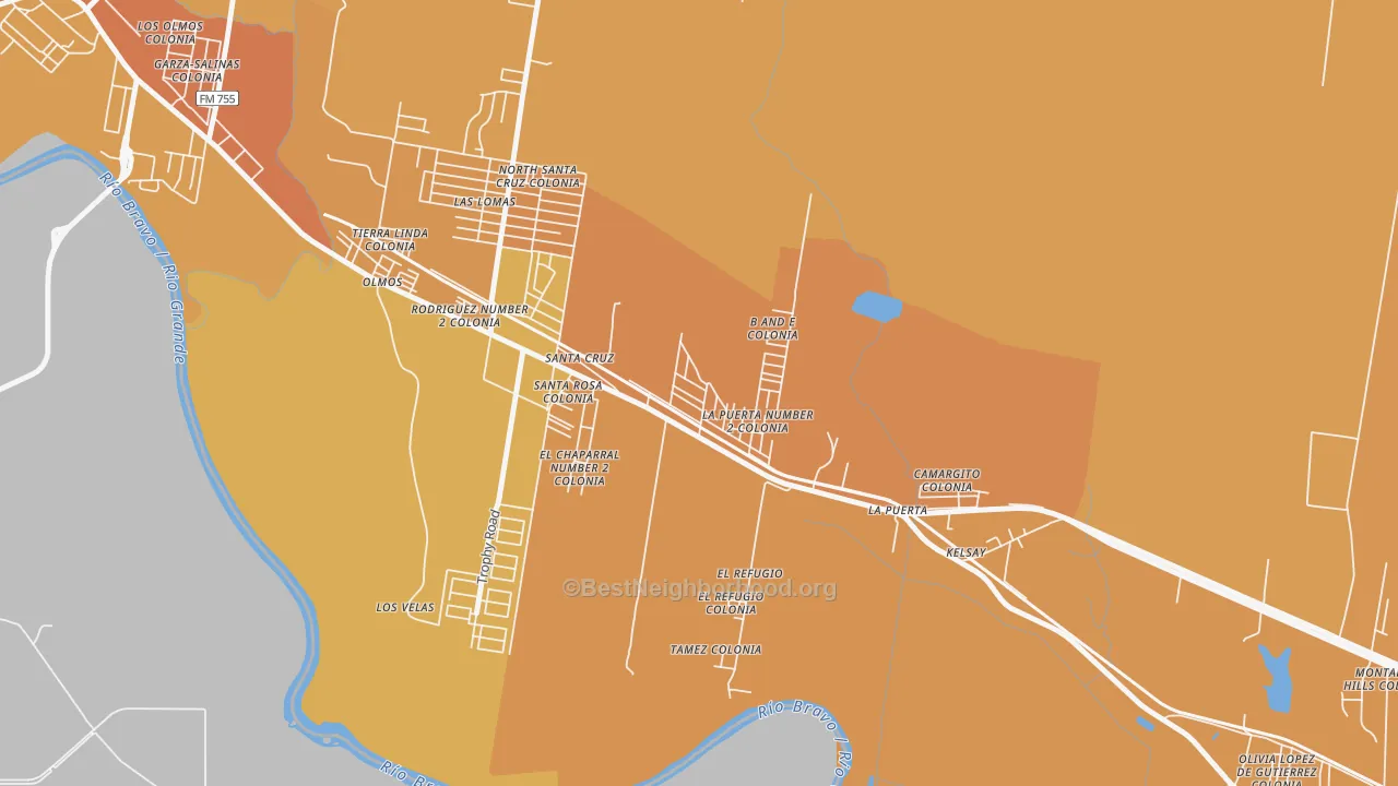 Map of the best neighborhoods in the Garza-Salinas II area, with better matches in green and worse matches in red