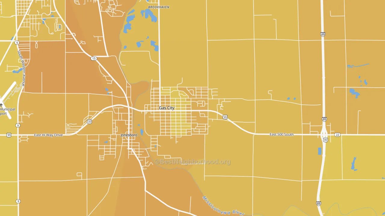 Map of the best neighborhoods in the Gas City area, with better matches in green and worse matches in red