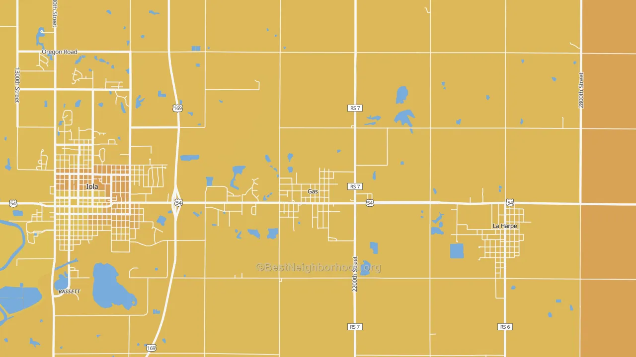 Map of the best neighborhoods in the Gas area, with better matches in green and worse matches in red