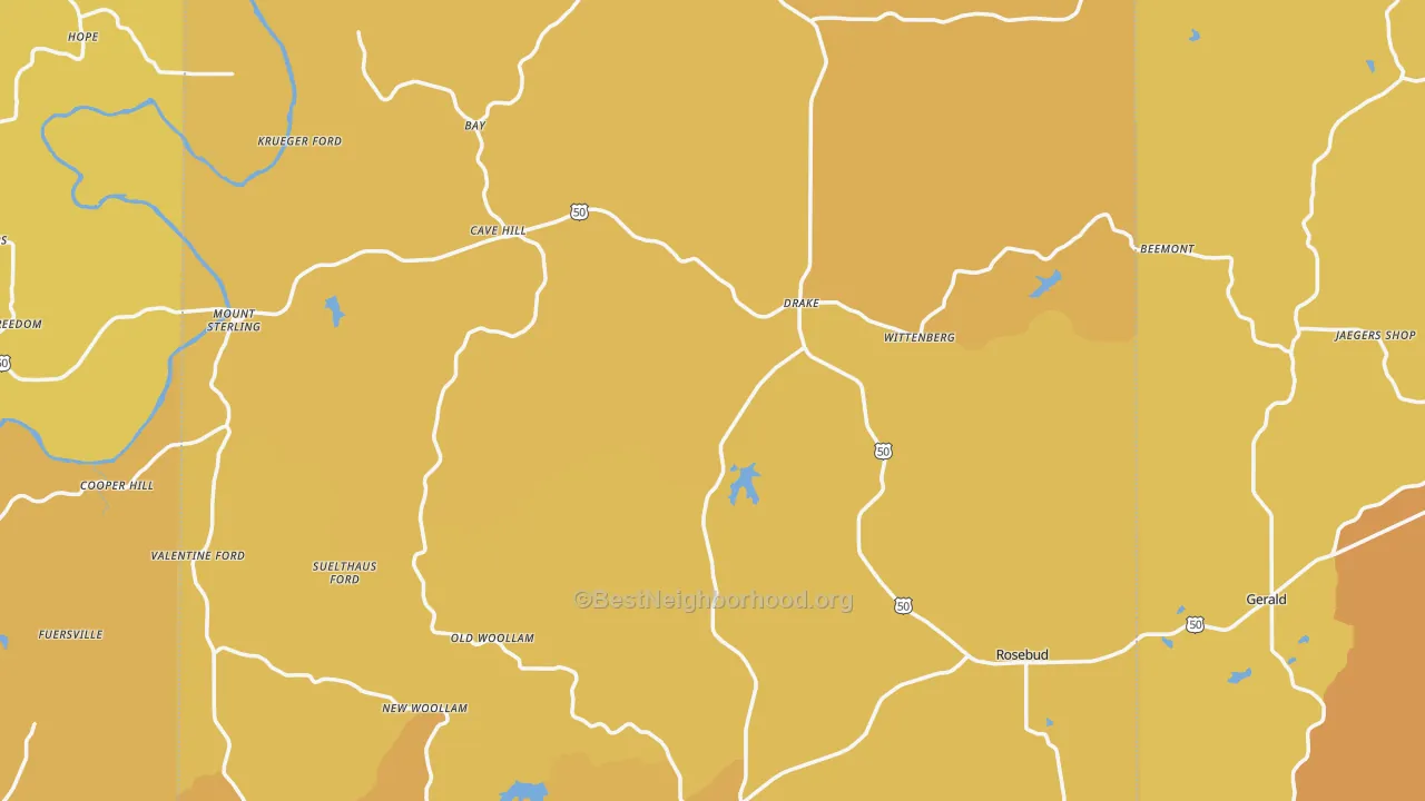 Map of the best neighborhoods in the Gasconade County area, with better matches in green and worse matches in red