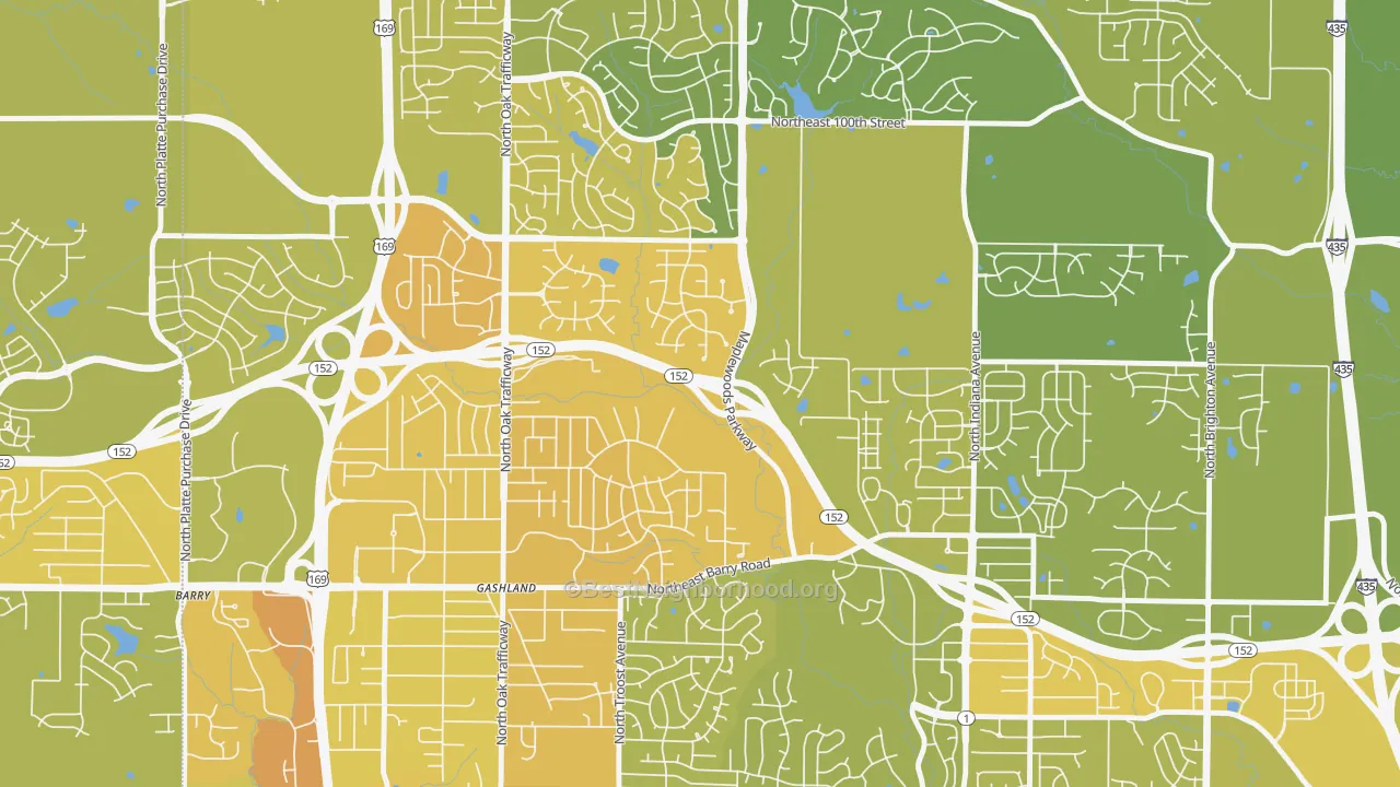 Map of the best neighborhoods in the Gashland, Kansas City area, with better matches in green and worse matches in red