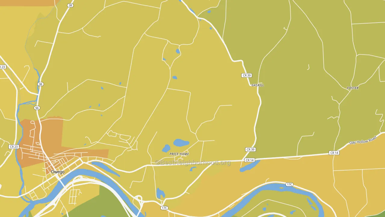 Map of the best neighborhoods in the Gaskill area, with better matches in green and worse matches in red