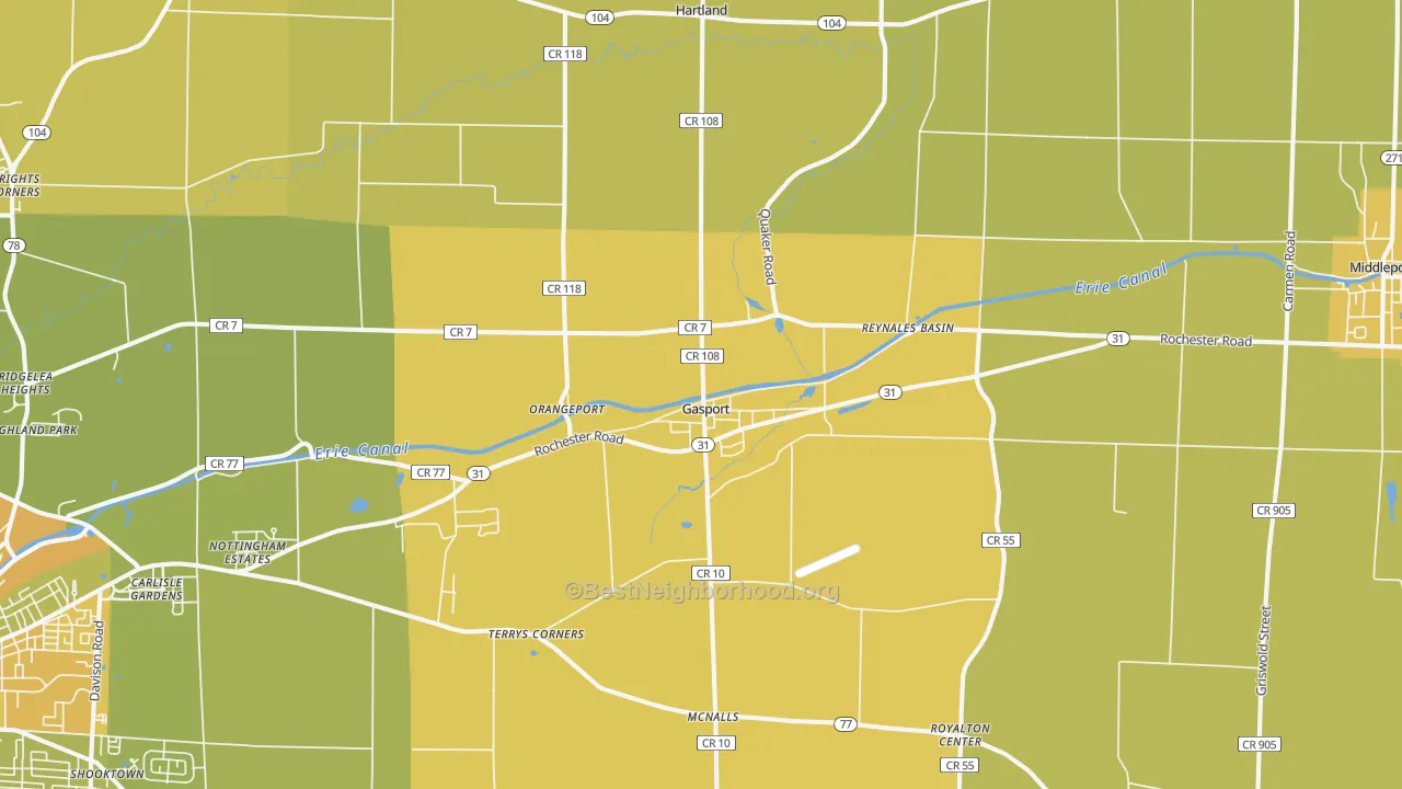 Map of the best neighborhoods in the Gasport area, with better matches in green and worse matches in red