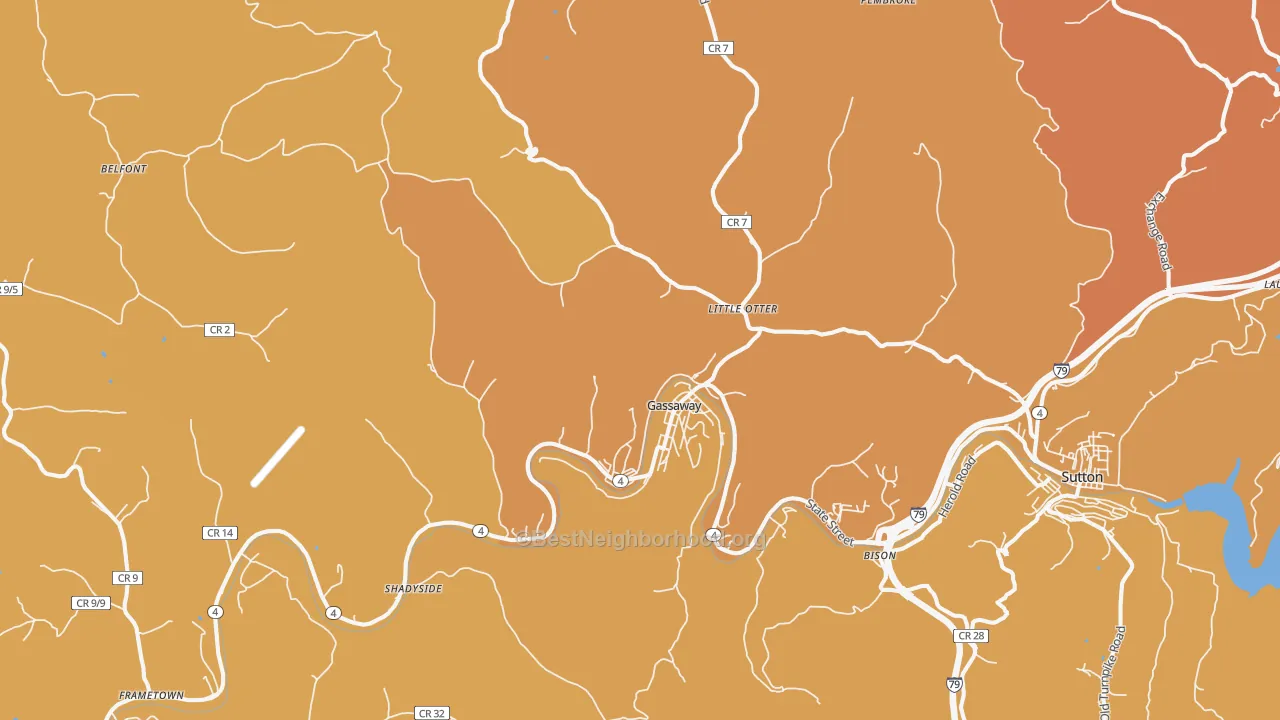 Map of the best neighborhoods in the Gassaway area, with better matches in green and worse matches in red