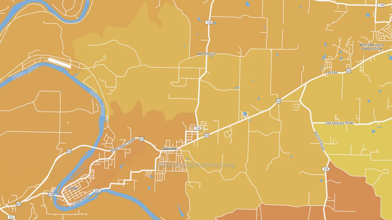 Map of the best neighborhoods in the Gassville area, with better matches in green and worse matches in red