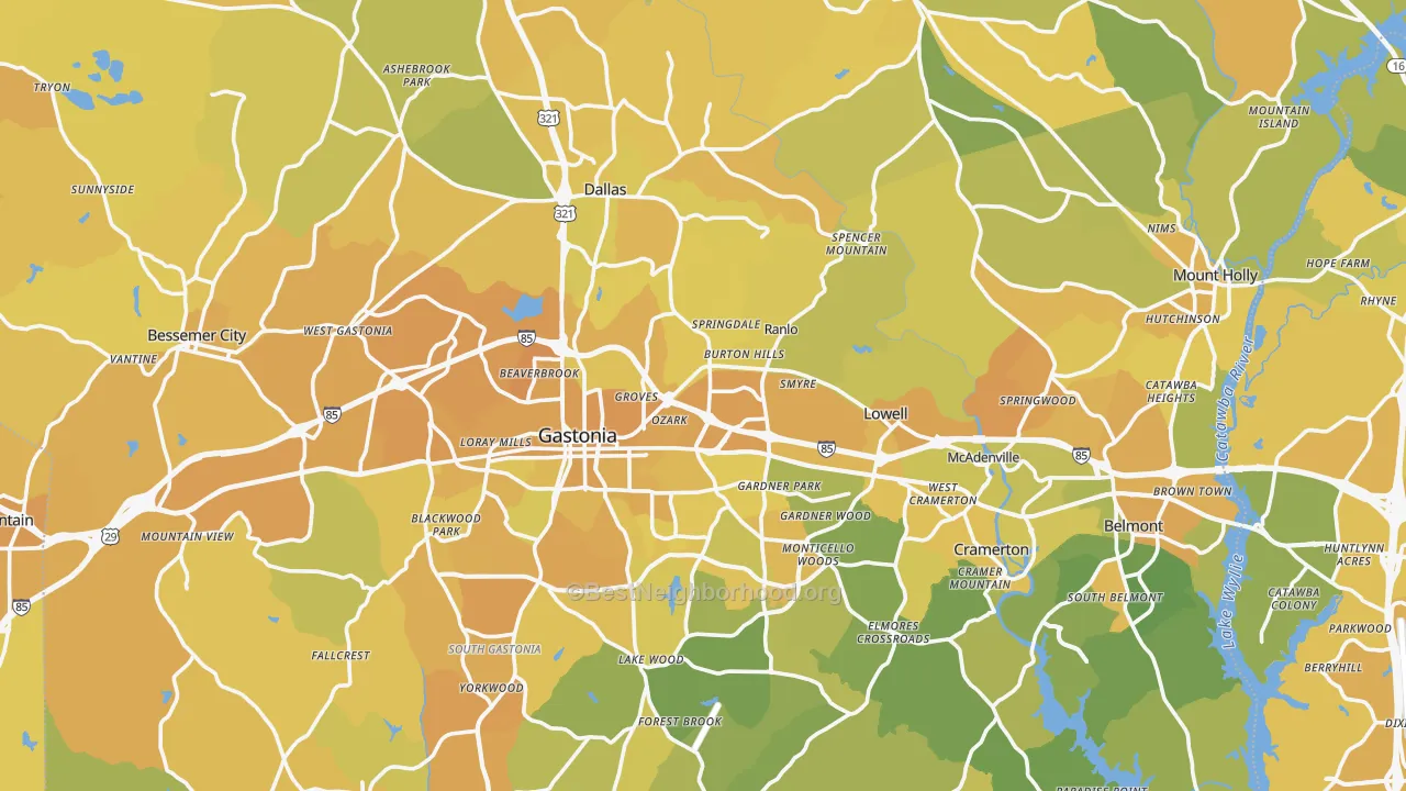 Map of the best neighborhoods in the Gaston County area, with better matches in green and worse matches in red