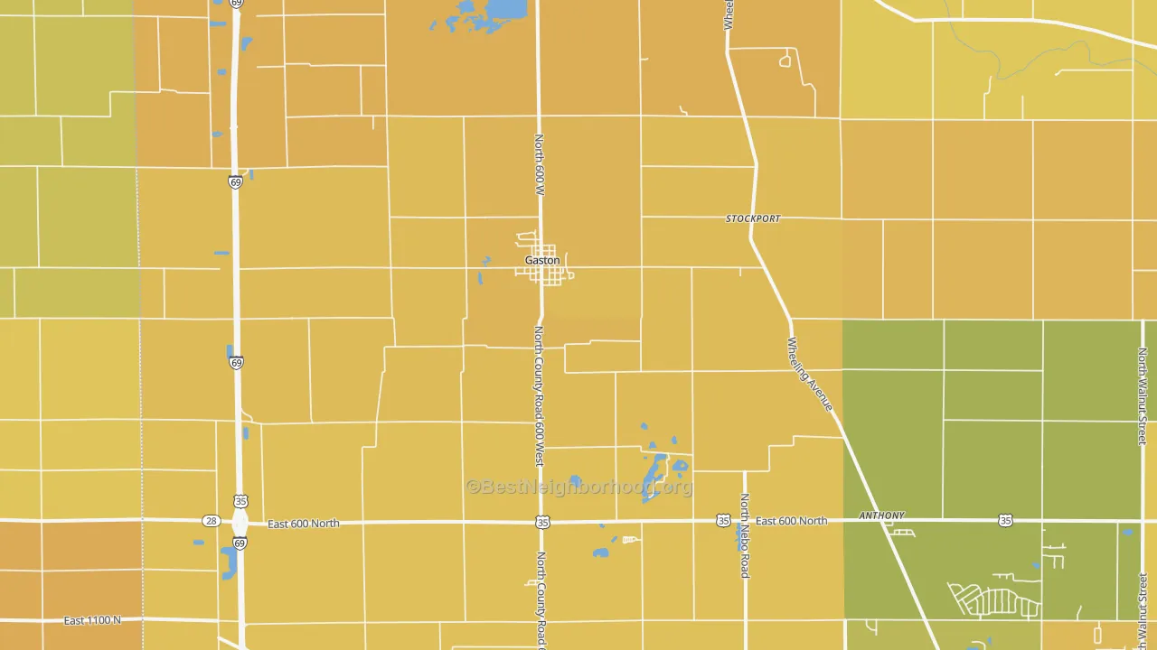 Map of the best neighborhoods in the Gaston area, with better matches in green and worse matches in red