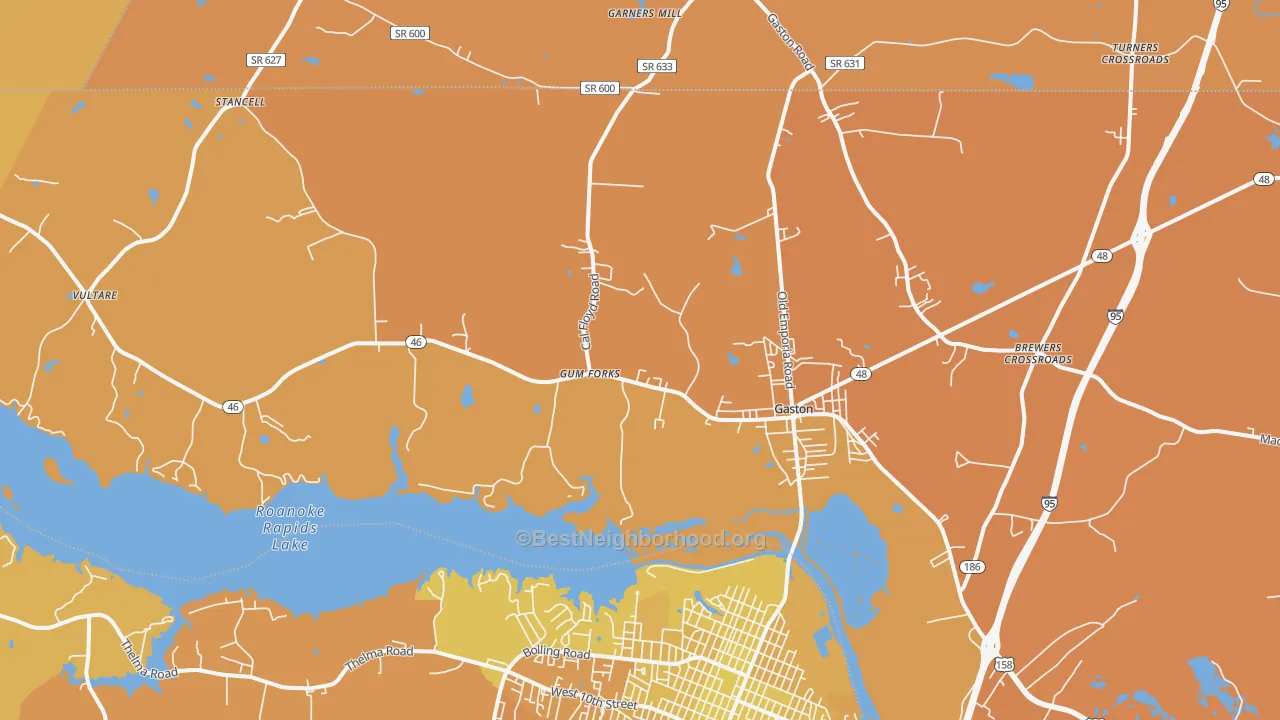 Map of the best neighborhoods in the Gaston area, with better matches in green and worse matches in red