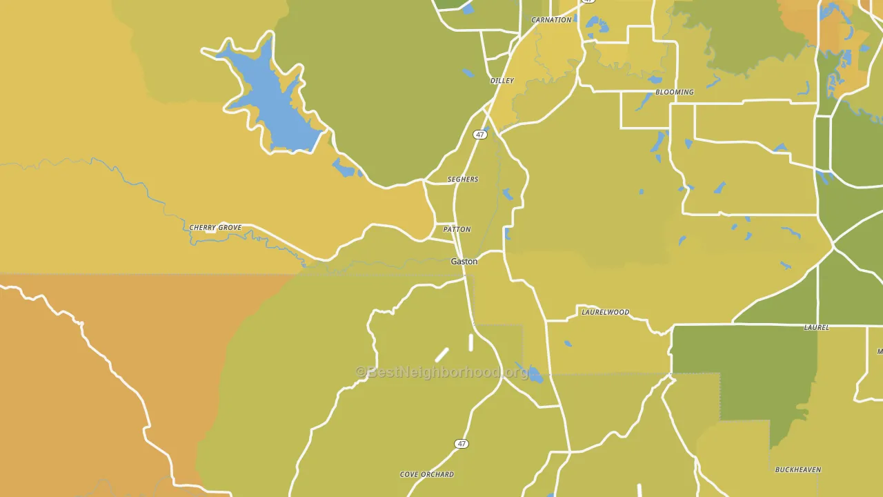 Map of the best neighborhoods in the Gaston area, with better matches in green and worse matches in red