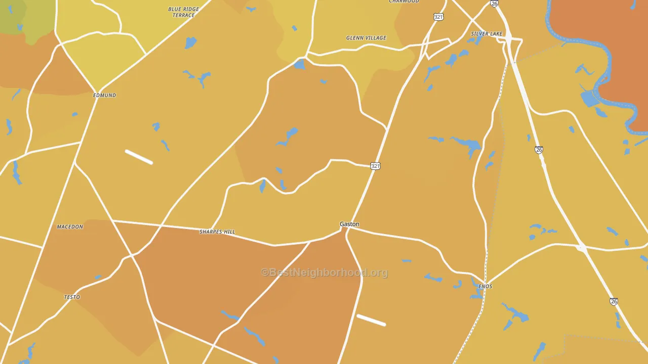 Map of the best neighborhoods in the Gaston area, with better matches in green and worse matches in red