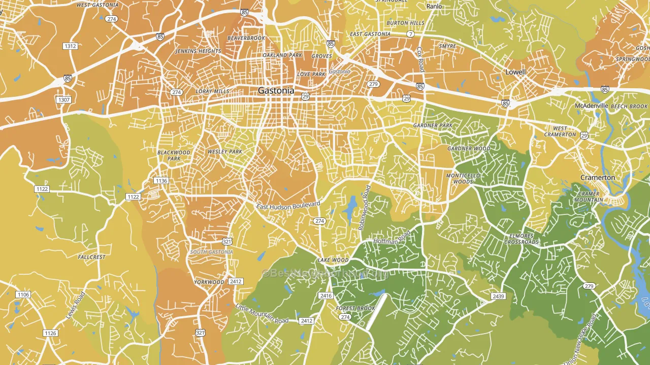 Map of the best neighborhoods in the Gastonia area, with better matches in green and worse matches in red