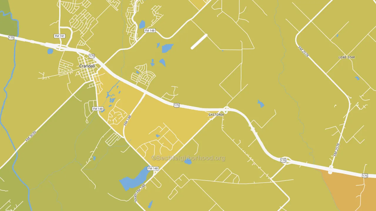 Map of the best neighborhoods in the Gastonia area, with better matches in green and worse matches in red