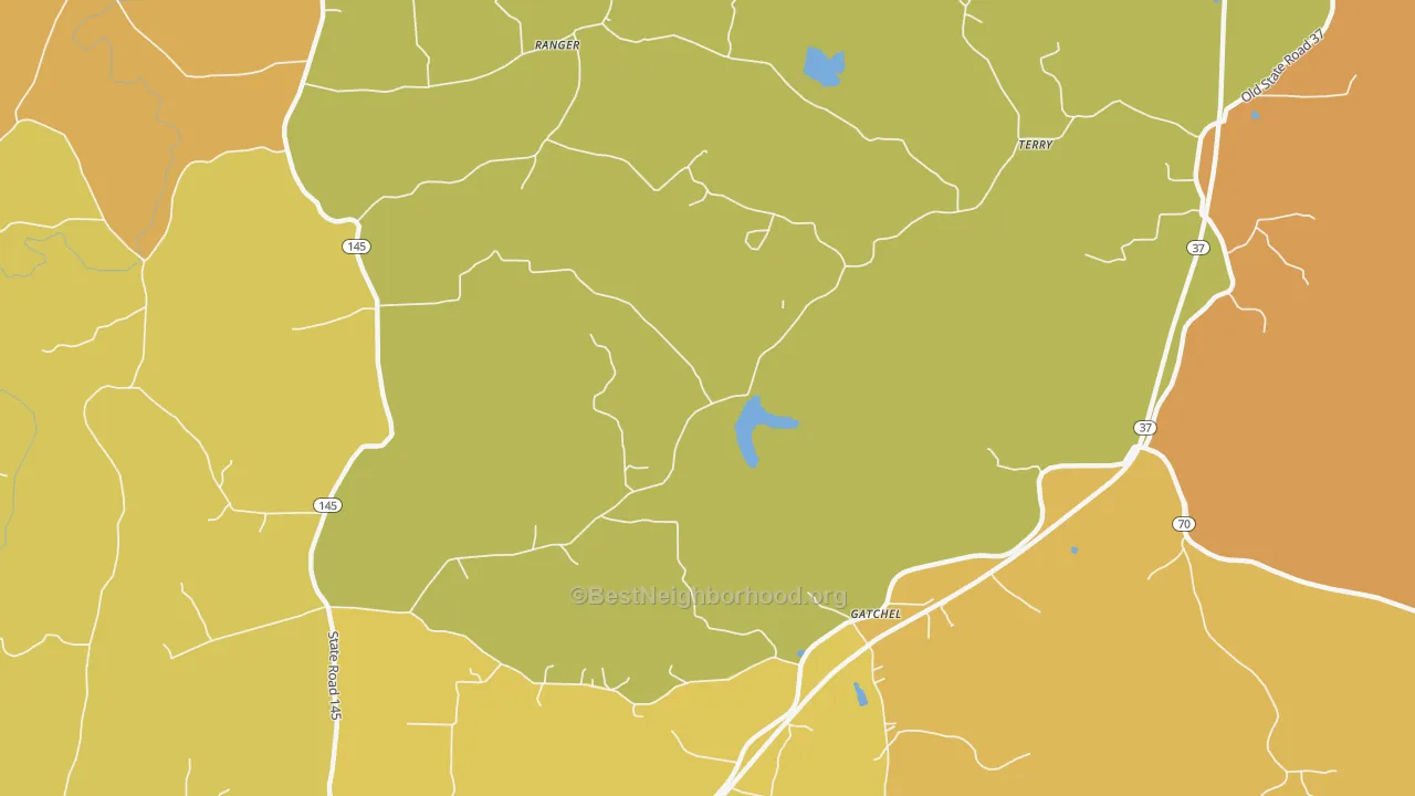 Map of the best neighborhoods in the Gatchel area, with better matches in green and worse matches in red