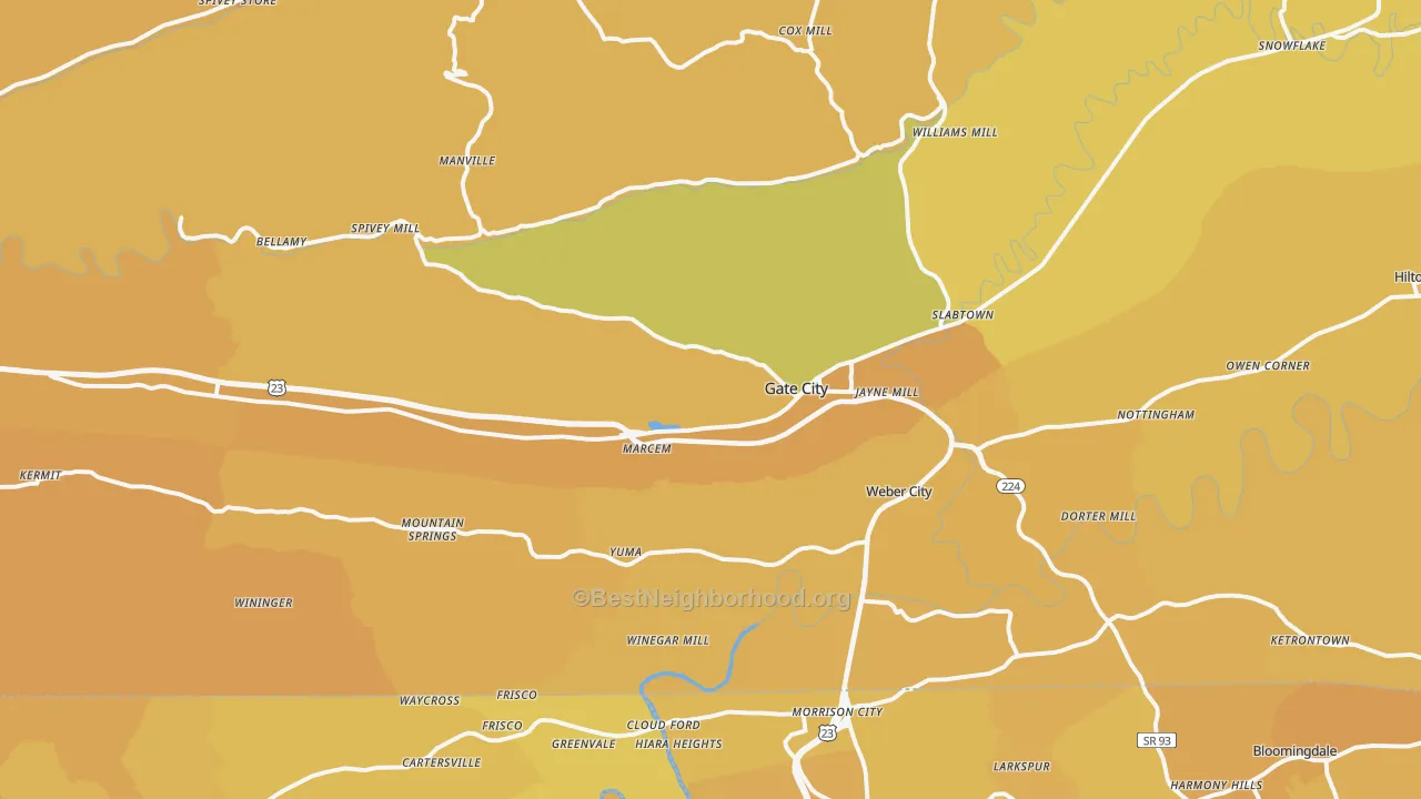Map of the best neighborhoods in the Gate City area, with better matches in green and worse matches in red