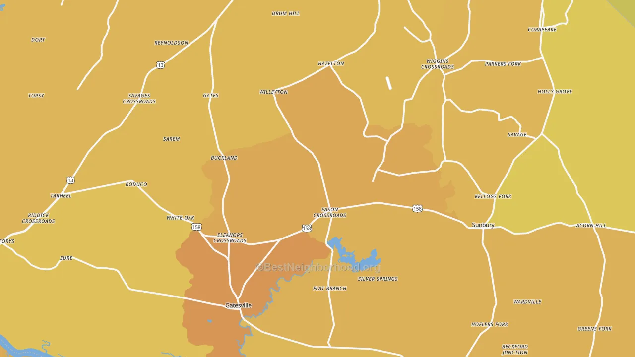 Map of the best neighborhoods in the Gates County area, with better matches in green and worse matches in red