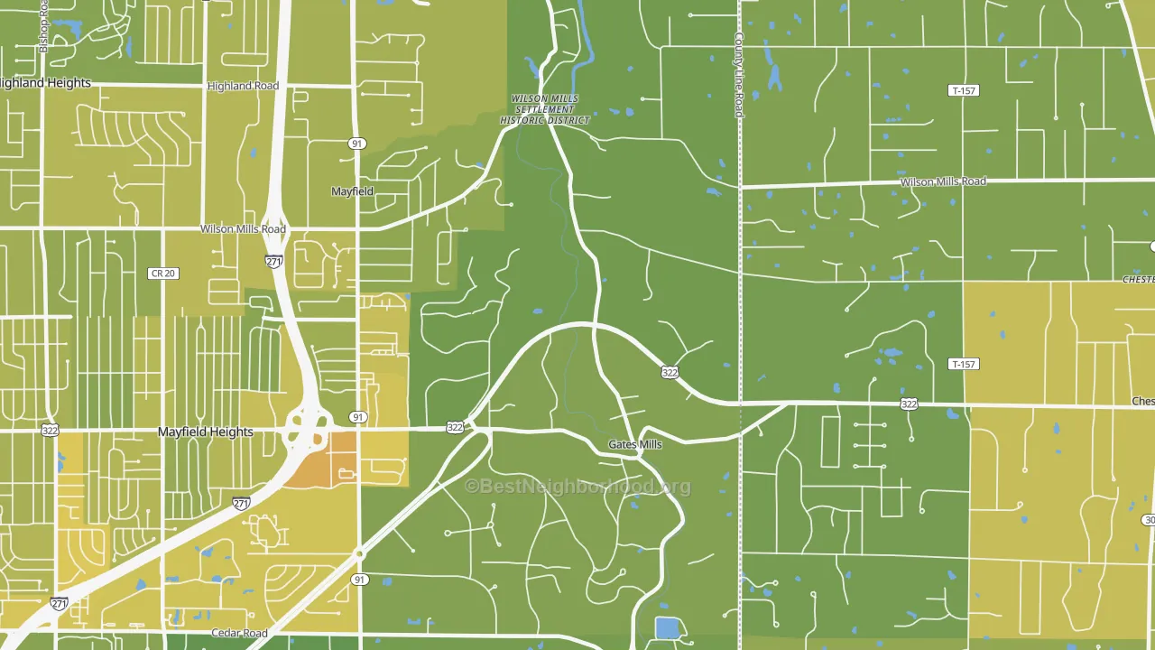 Map of the best neighborhoods in the Gates Mills area, with better matches in green and worse matches in red
