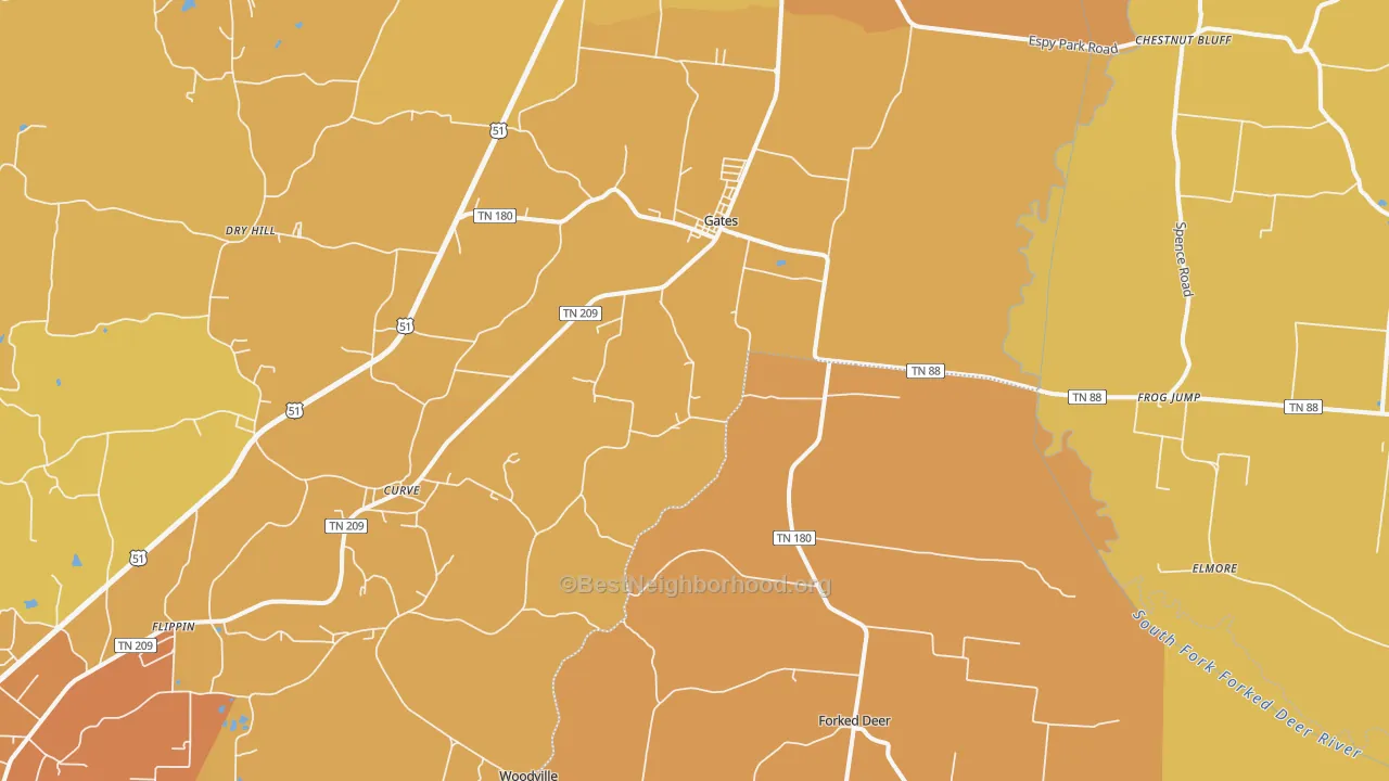 Map of the best neighborhoods in the Gates area, with better matches in green and worse matches in red