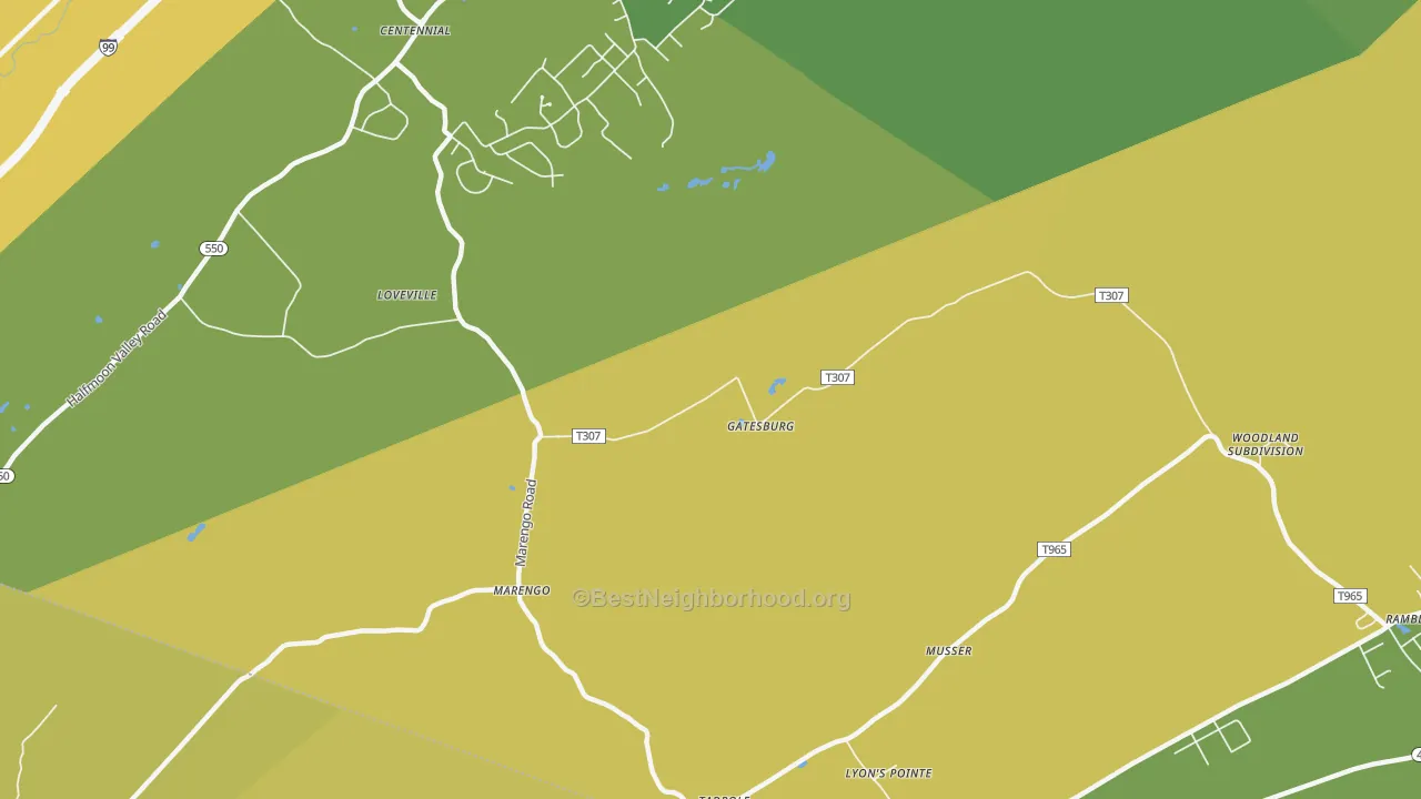 Map of the best neighborhoods in the Gatesburg area, with better matches in green and worse matches in red