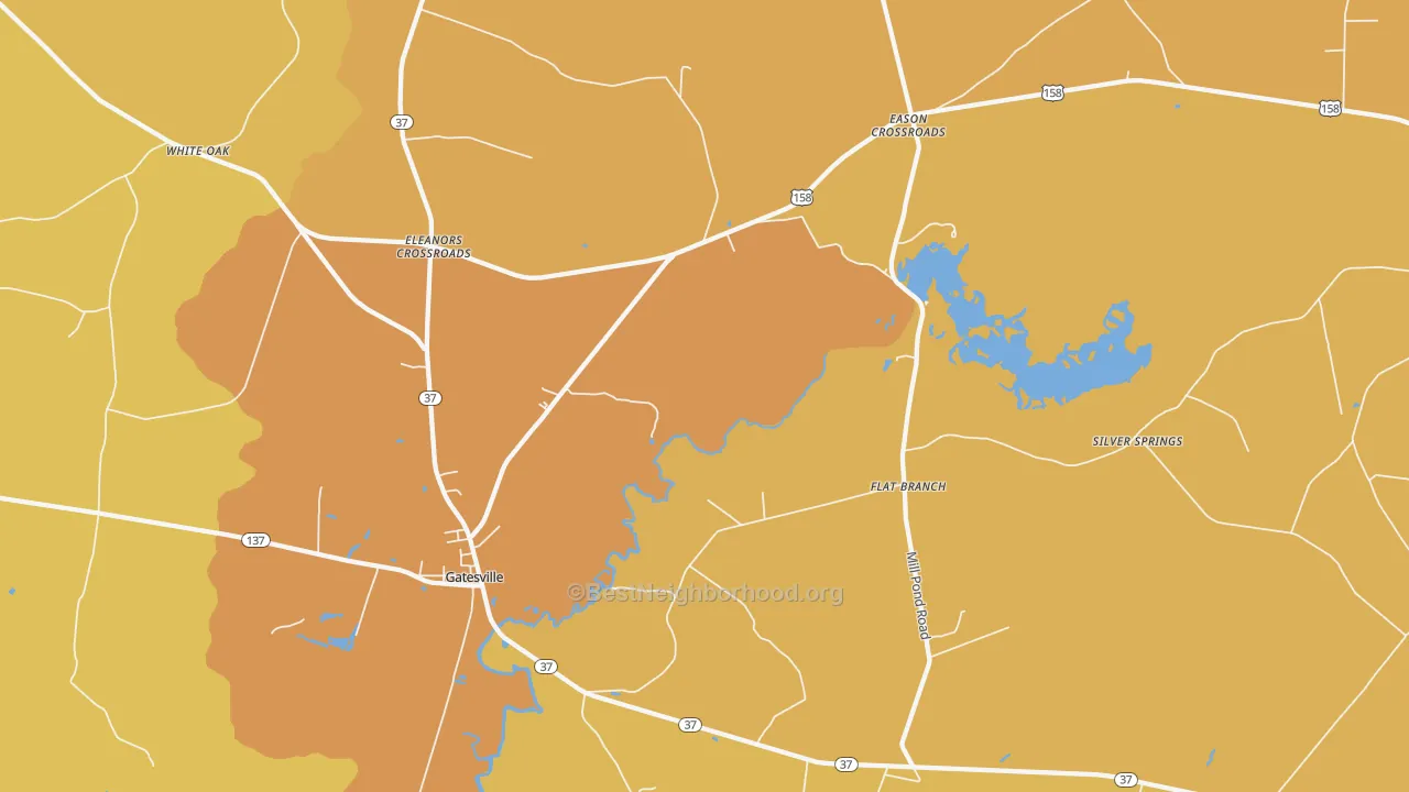 Map of the best neighborhoods in the Gatesville area, with better matches in green and worse matches in red