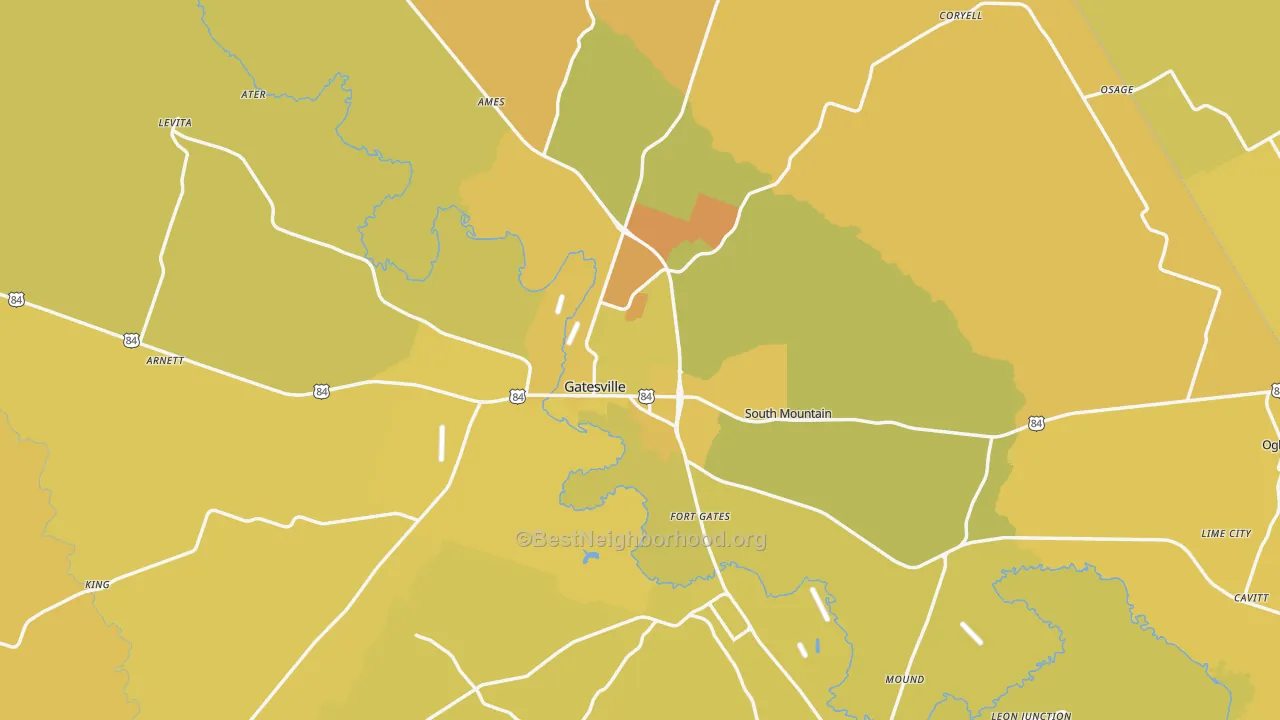 Map of the best neighborhoods in the Gatesville area, with better matches in green and worse matches in red