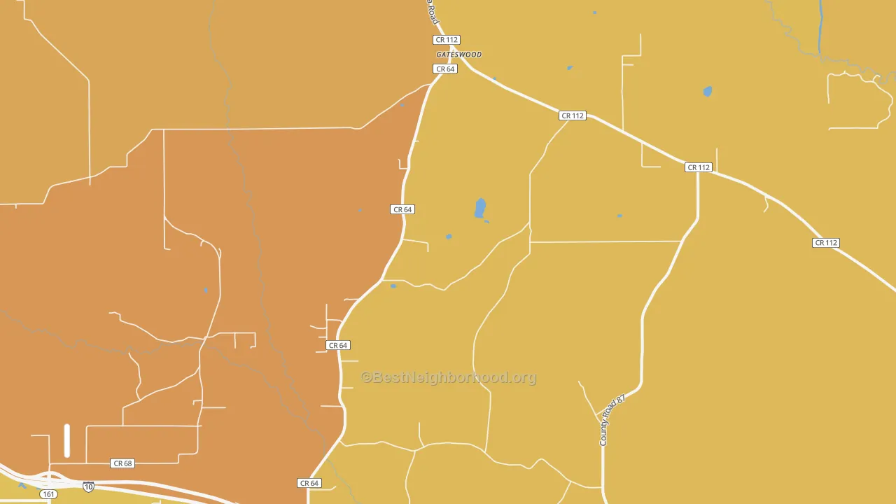 Map of the best neighborhoods in the Gateswood area, with better matches in green and worse matches in red