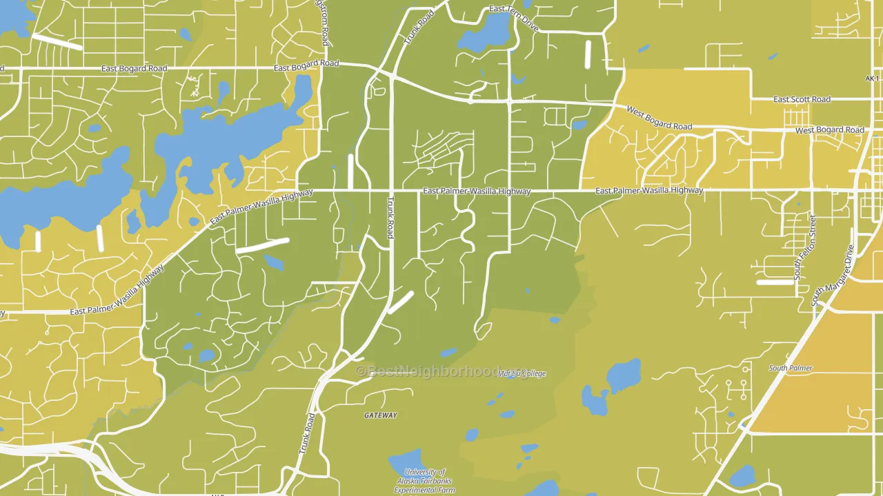 Map of the best neighborhoods in the Gateway area, with better matches in green and worse matches in red
