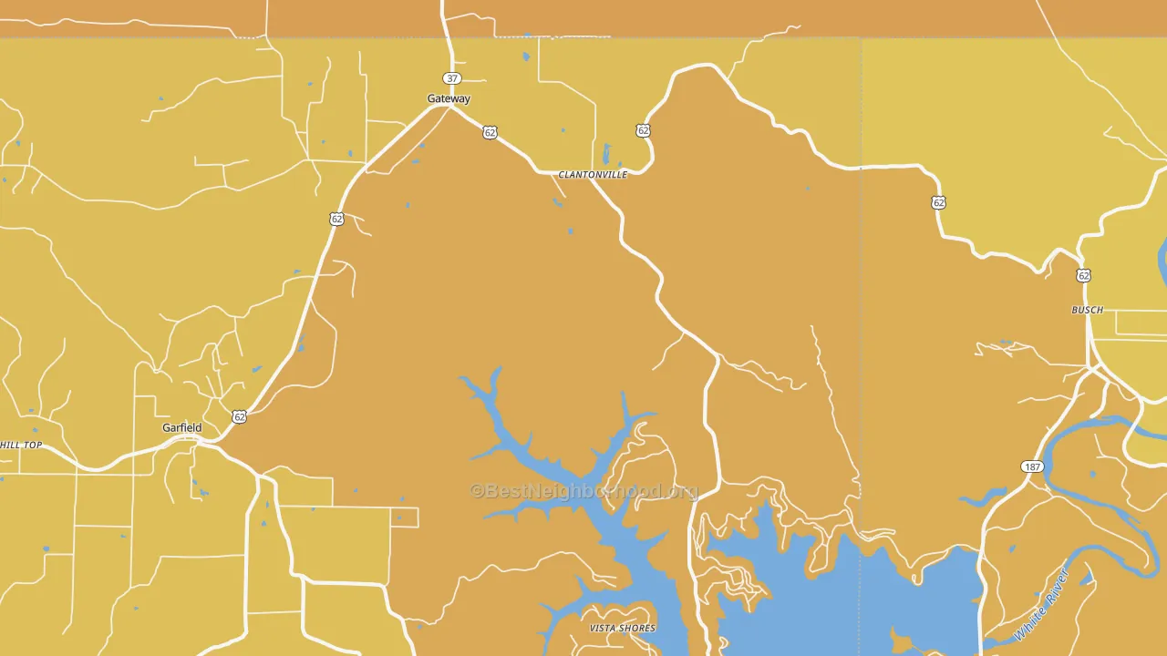 Map of the best neighborhoods in the Gateway area, with better matches in green and worse matches in red