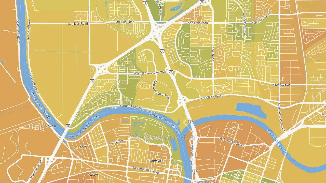 Map of the best neighborhoods in the Gateway Center, Sacramento area, with better matches in green and worse matches in red